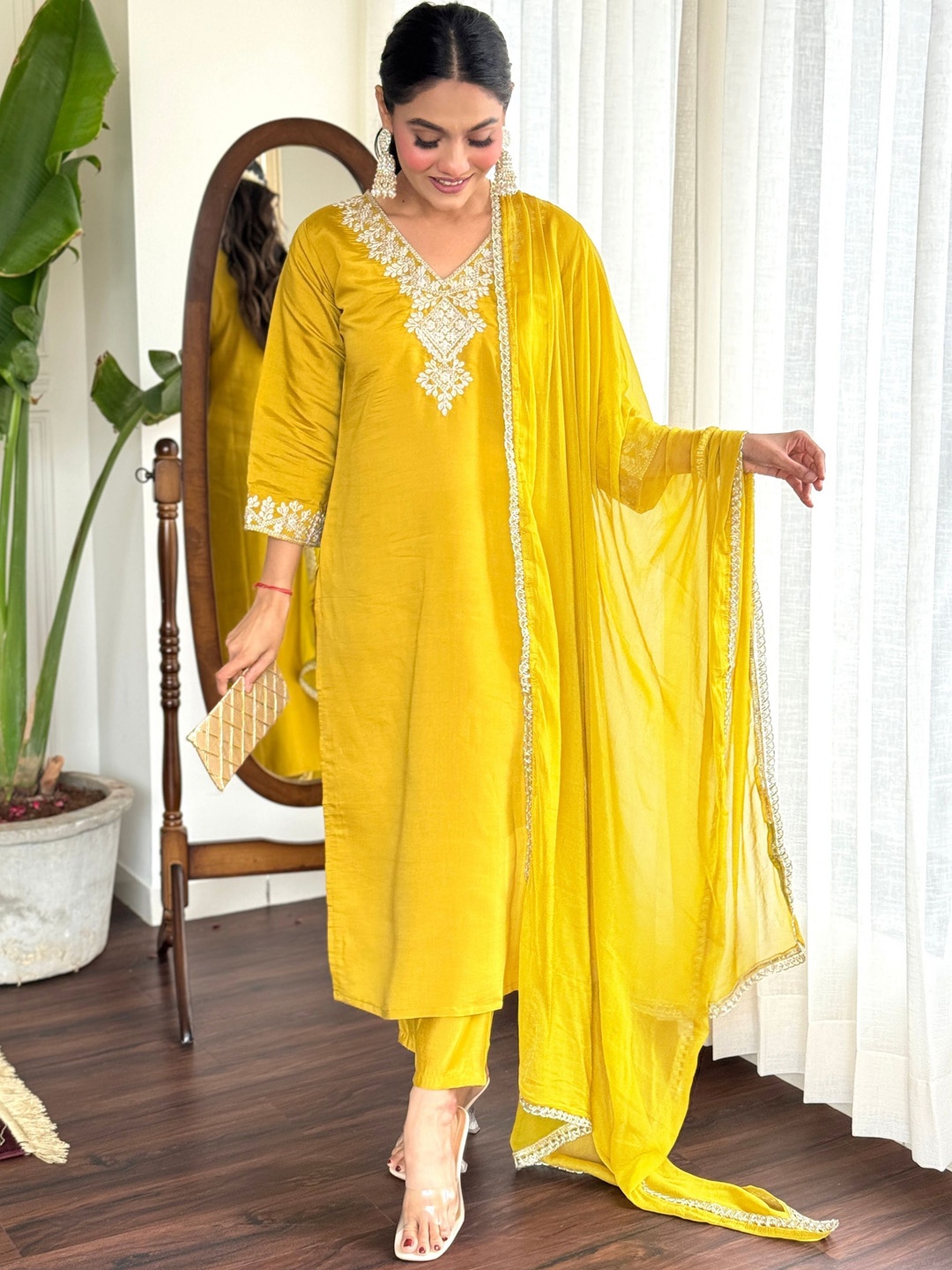 KALINI Women Floral Embroidered Regular Thread Work Kurta with Trousers & Dupatta, Mustard
KALINI Women Floral Embroidered Regular Thread Work Kurta with Trousers & Dupatta, Mustard