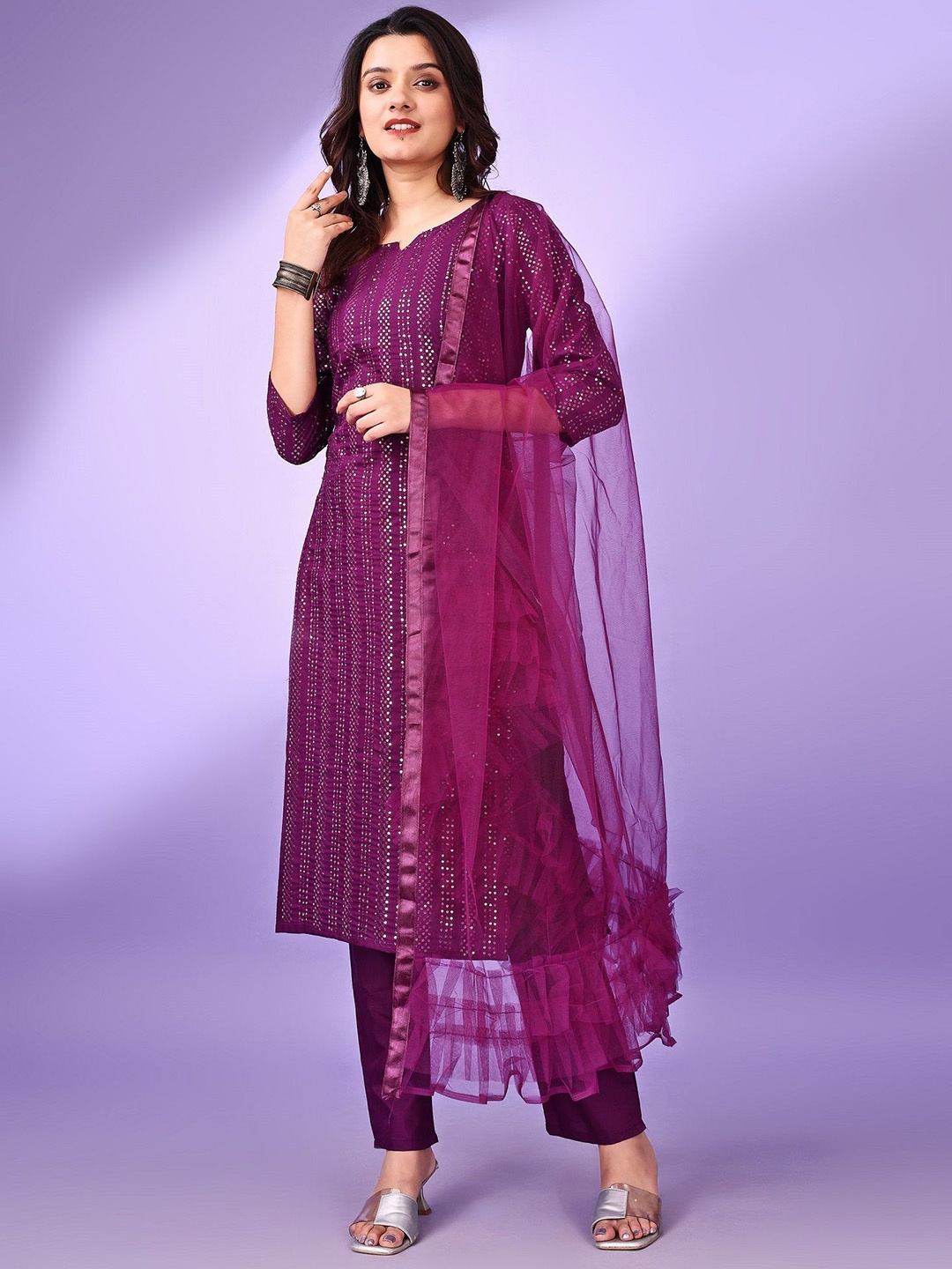 KALINI Women Ethnic Motifs Embroidered Regular Sequinned Kurta with Trousers & Dupatta, Magenta
KALINI Women Ethnic Motifs Embroidered Regular Sequinned Kurta with Trousers & Dupatta, Magenta