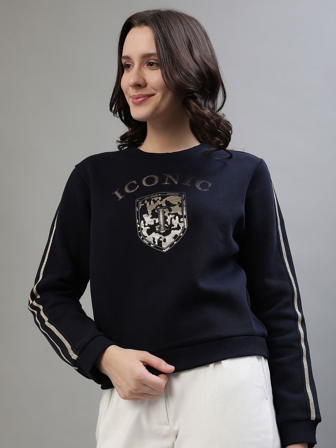 Iconic Women Typography Printed Round Neck Cotton Pullover Ribbed Sweatshirt, Navy blue
Iconic Women Typography Printed Round Neck Cotton Pullover Ribbed Sweatshirt, Navy blue