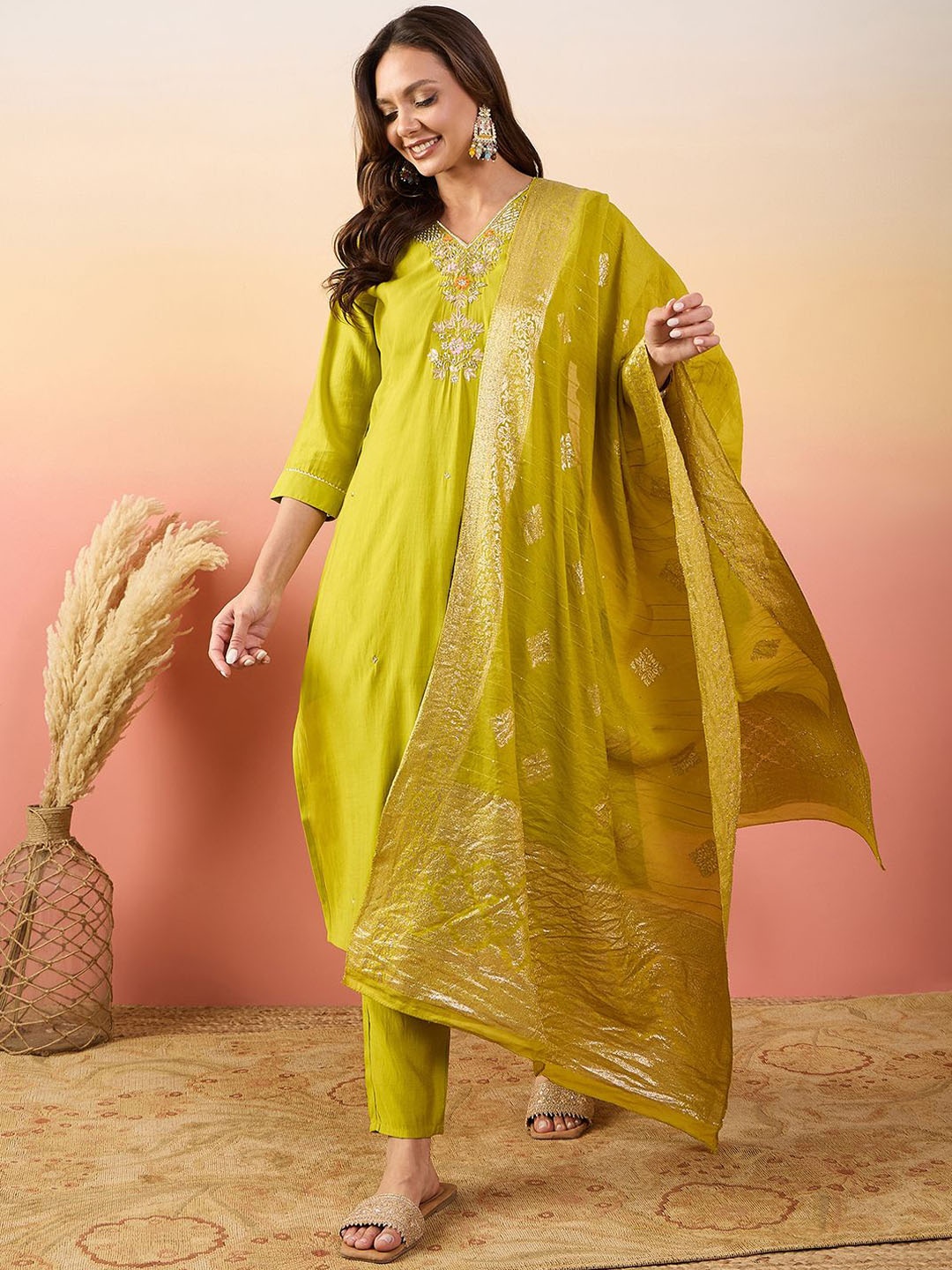 Krimmple Women Ombre Yoke Design Regular Pure Silk Kurta with Trousers & With Dupatta, Yellow
Krimmple Women Ombre Yoke Design Regular Pure Silk Kurta with Trousers & With Dupatta, Yellow