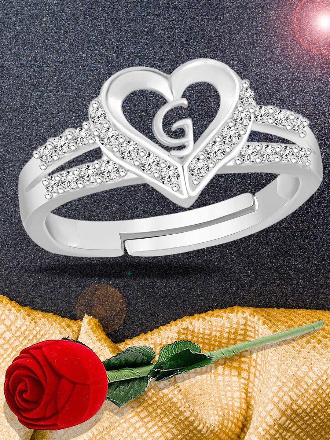 Lila Silver-Plated American Diamond Stone Studded Alphabet G Adjustable Finger Ring
Lila Silver-Plated American Diamond Stone Studded Alphabet G Adjustable Finger Ring
