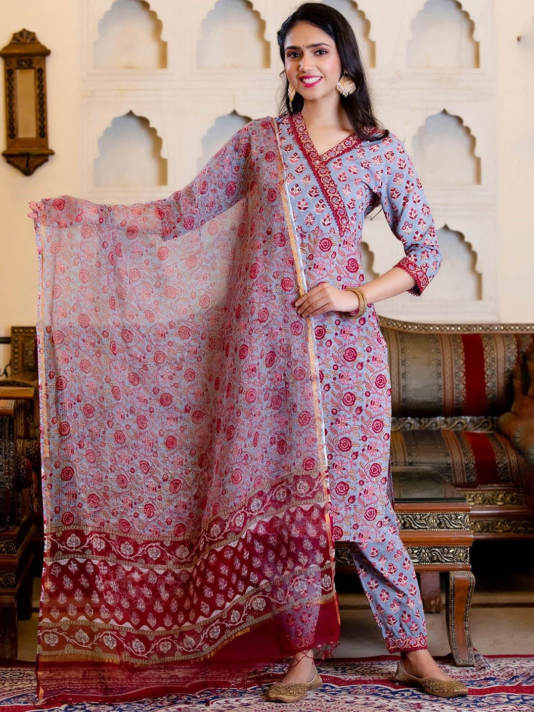 Dastkar Women Floral Printed Regular Pure Cotton Kurta with Trousers & With Dupatta, Grey
Dastkar Women Floral Printed Regular Pure Cotton Kurta with Trousers & With Dupatta, Grey