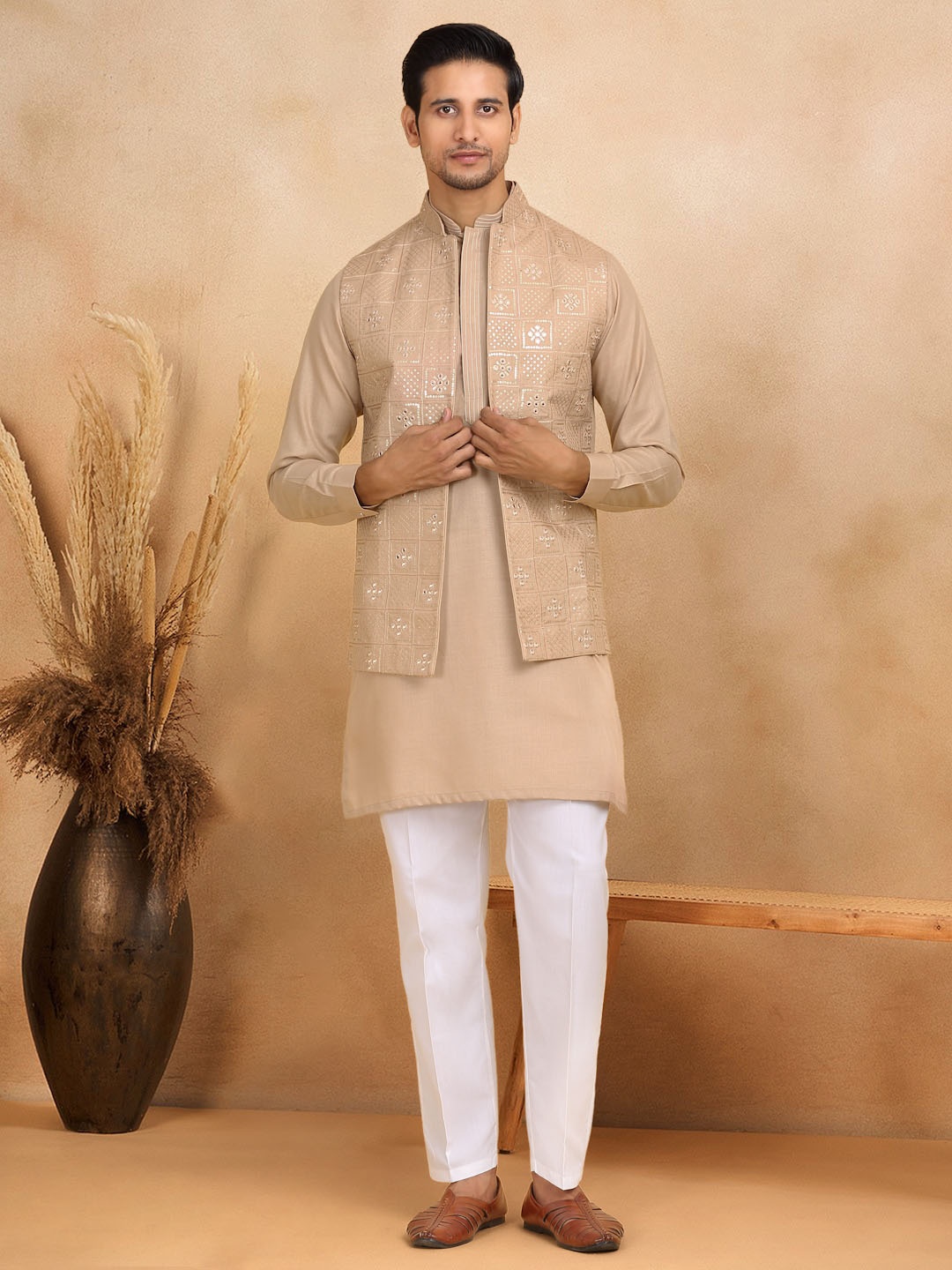 KRAFT INDIA LUXE Men Pure Cotton Embroidered Sequinned Kurta & Trousers With Nehru Jacket, Beige
KRAFT INDIA LUXE Men Pure Cotton Embroidered Sequinned Kurta & Trousers With Nehru Jacket, Beige