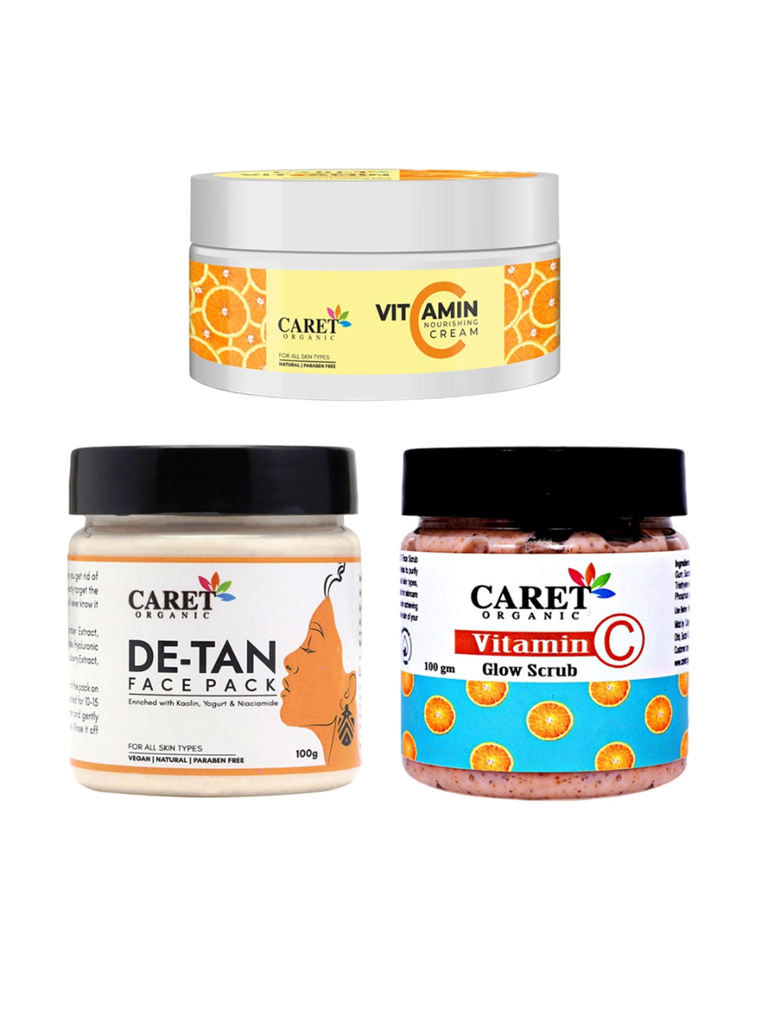 CARET ORGANIC Vitamin C Nourishing Cream, Scrub & De-Tan Face Pack - 100 g Each, White
CARET ORGANIC Vitamin C Nourishing Cream, Scrub & De-Tan Face Pack - 100 g Each, White