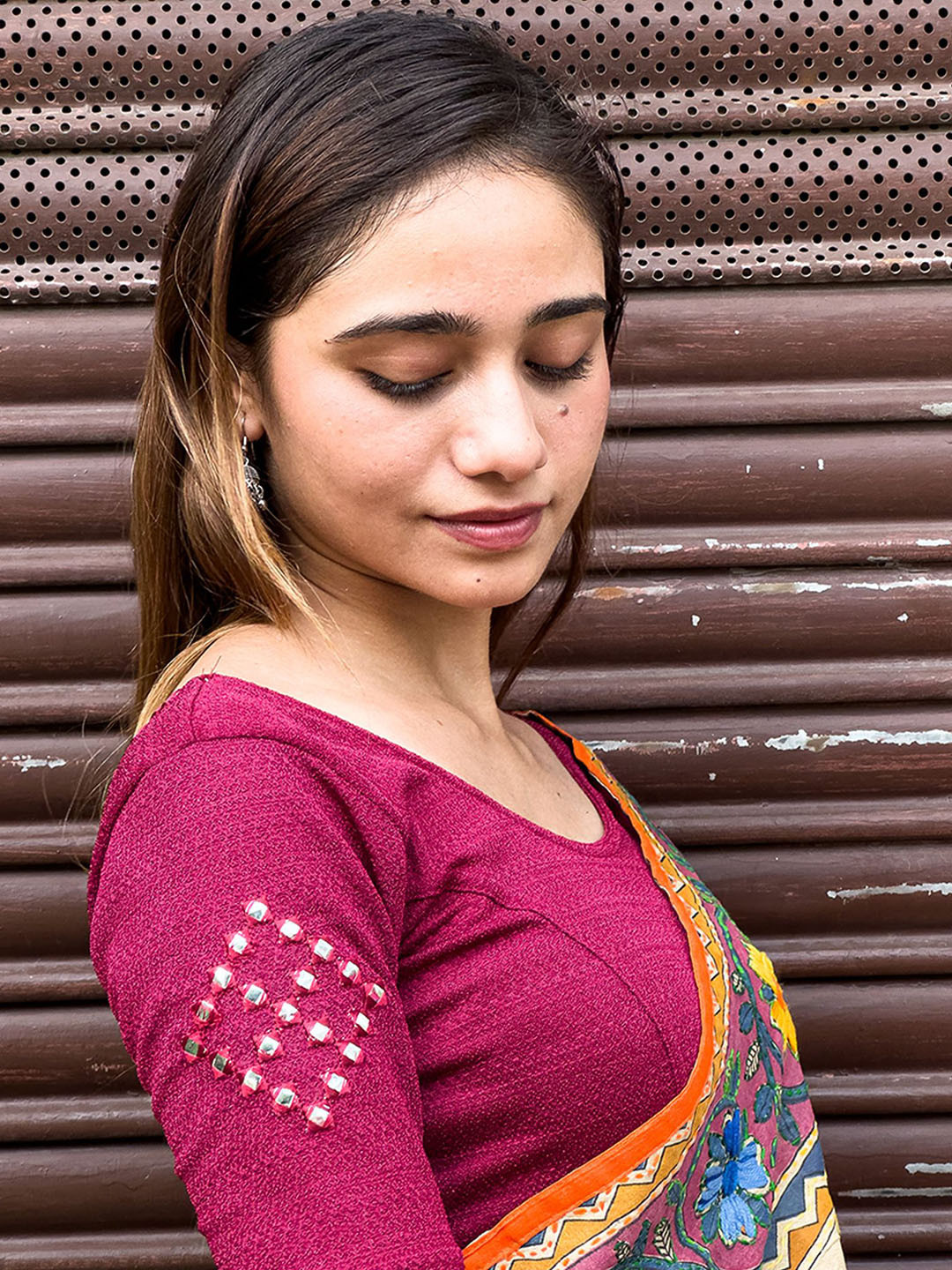 Bindigasm's Advi Women Mirror work Stretchable Saree Blouse, Maroon 
Bindigasm's Advi Women Mirror work Stretchable Saree Blouse, Maroon