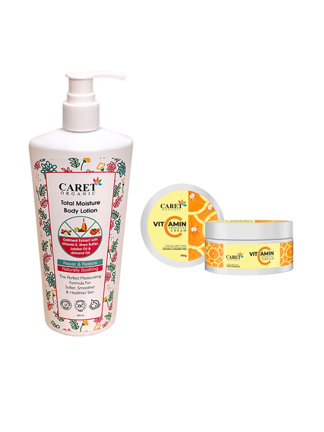 CARET ORGANIC Total Moisture Body Lotion -200ml & Vitamin C Nourishing Cream- 100g, White
CARET ORGANIC Total Moisture Body Lotion -200ml & Vitamin C Nourishing Cream- 100g, White