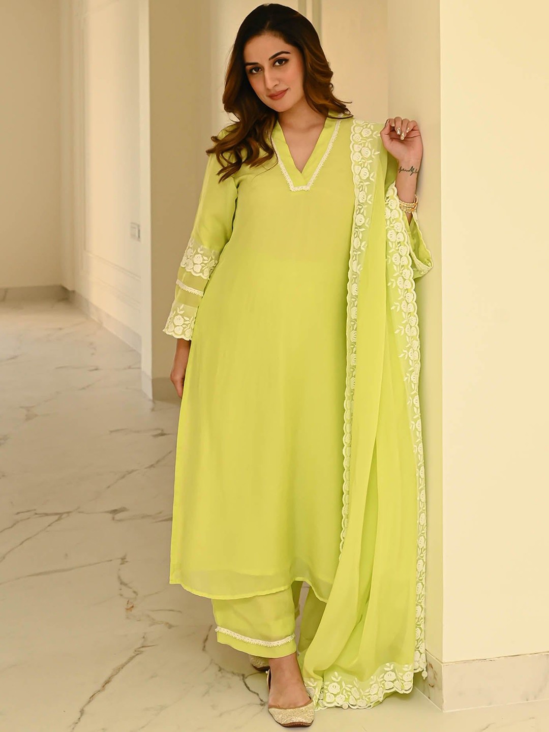 KALINI Women Embroidered Regular Thread Work Kurta with Trousers Dupatta, Lime green
KALINI Women Embroidered Regular Thread Work Kurta with Trousers Dupatta, Lime green