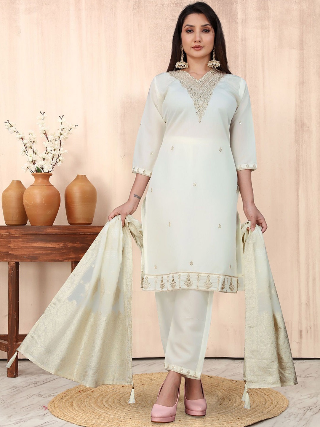 KALINI Women Ethnic Motifs Embroidered Regular Sequinned Kurta Set With Dupatta, Off white
KALINI Women Ethnic Motifs Embroidered Regular Sequinned Kurta Set With Dupatta, Off white