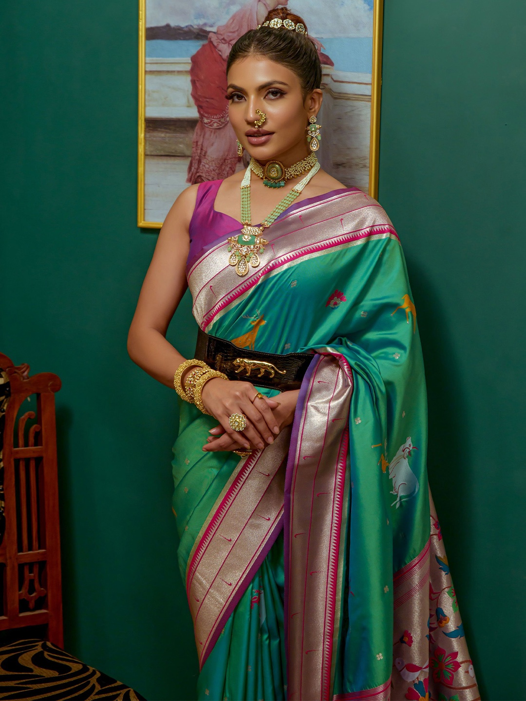 Kandora Woven Design Zari Pure Silk Paithani Saree With Unstitched Blouse Piece, Green
Kandora Woven Design Zari Pure Silk Paithani Saree With Unstitched Blouse Piece, Green