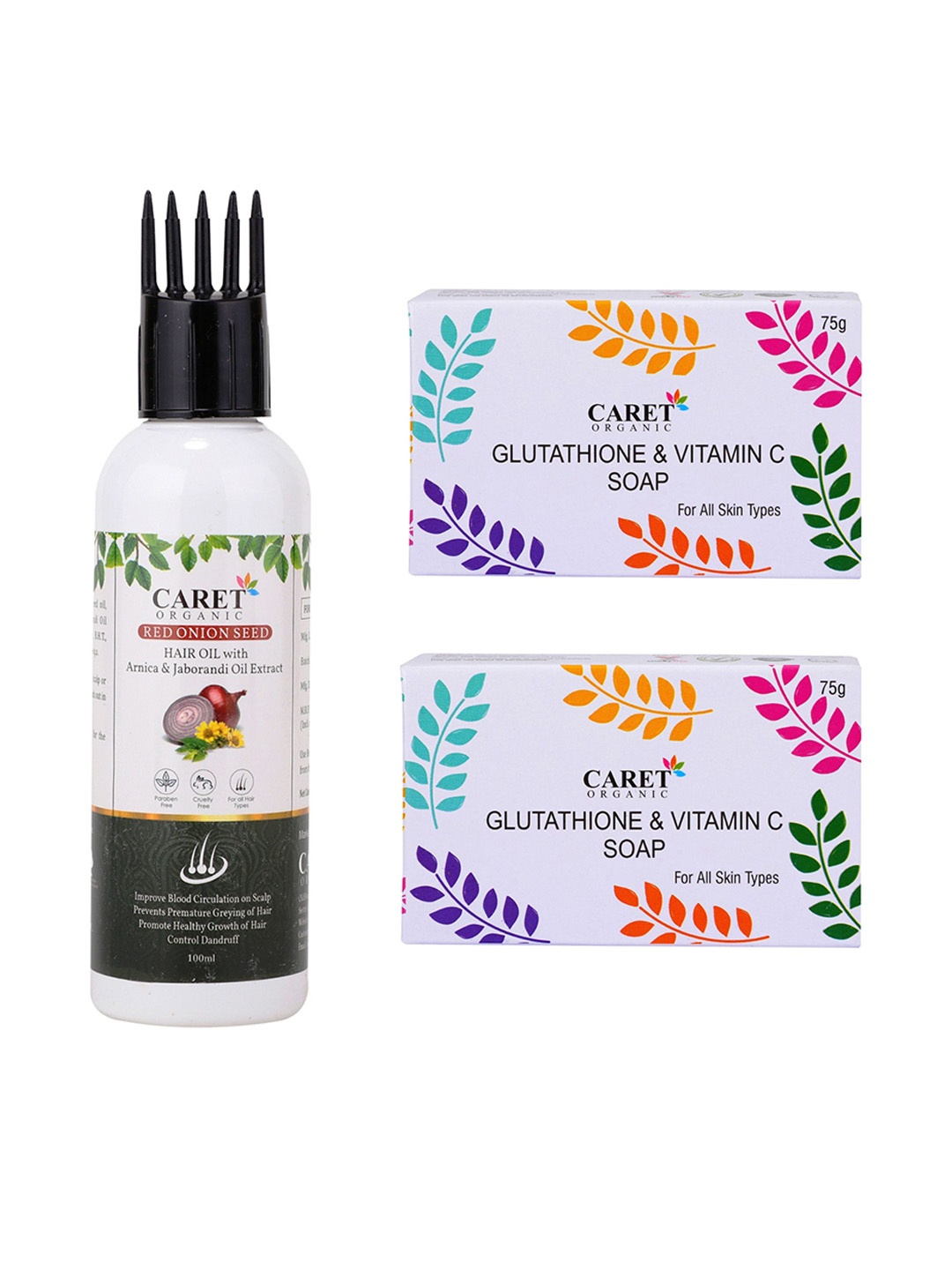 CARET ORGANIC Set Of 2 Glutathione Soap - 75 g Each With Red Onion Seed Hair Oil - 100 ml, White
CARET ORGANIC Set Of 2 Glutathione Soap - 75 g Each With Red Onion Seed Hair Oil - 100 ml, White