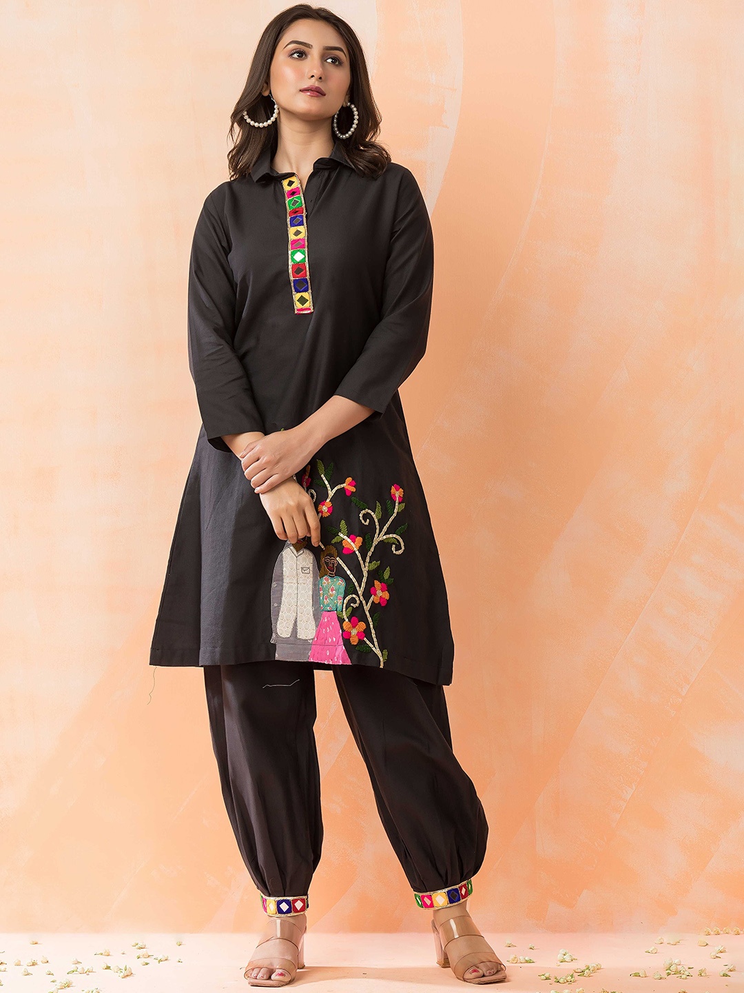 SACRED SUTA Women Floral Embroidered Regular Mirror Work Pure Cotton Kurta with Salwar, Black
SACRED SUTA Women Floral Embroidered Regular Mirror Work Pure Cotton Kurta with Salwar, Black
