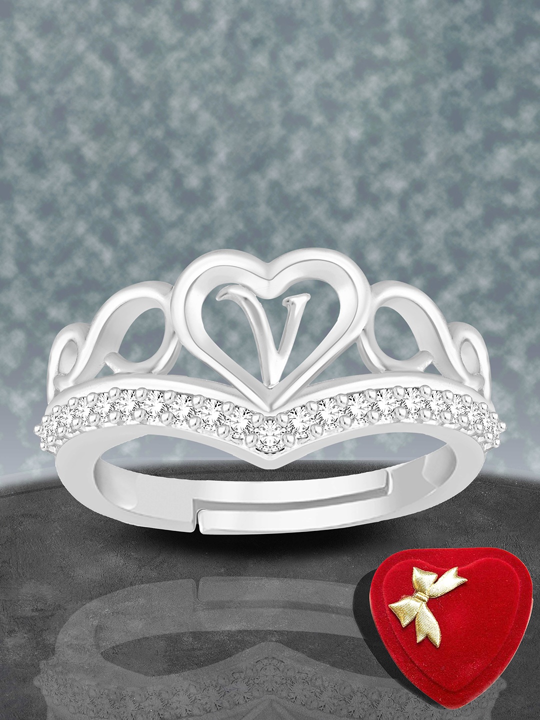 Lila Silver-Plated American Diamond Stone Studded Alphabet V Adjustable Finger Ring
Lila Silver-Plated American Diamond Stone Studded Alphabet V Adjustable Finger Ring