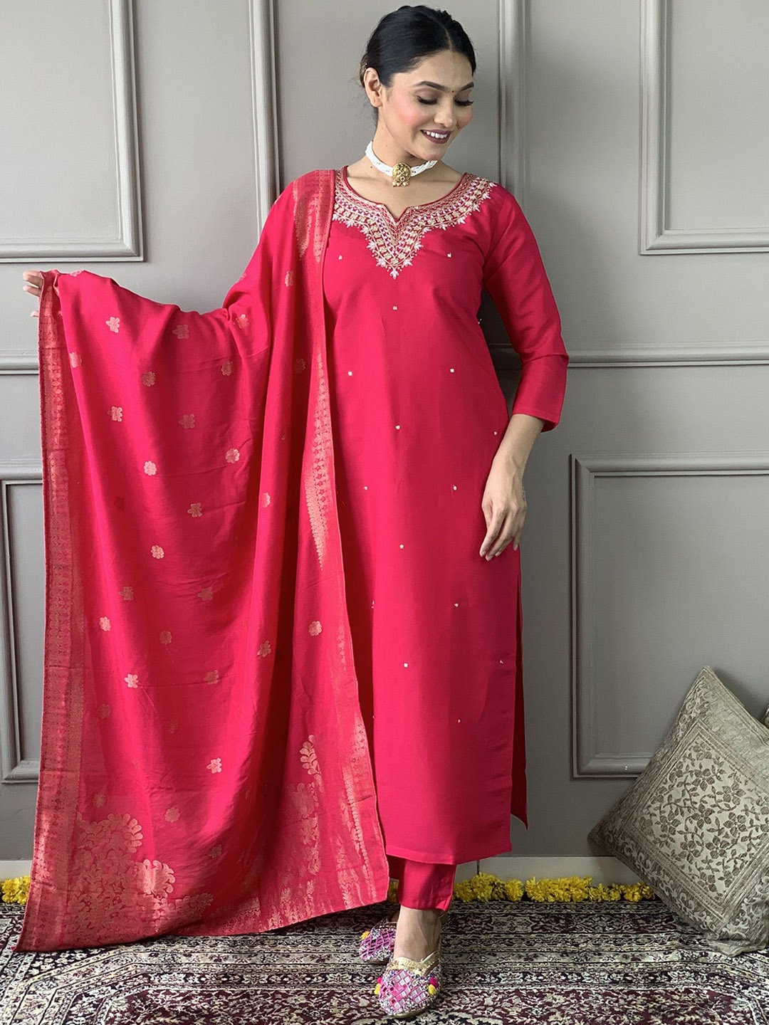 KALINI Women Ethnic Motifs Embroidered Sequinned Kurta with Trousers & With Dupatta, Pink
KALINI Women Ethnic Motifs Embroidered Sequinned Kurta with Trousers & With Dupatta, Pink