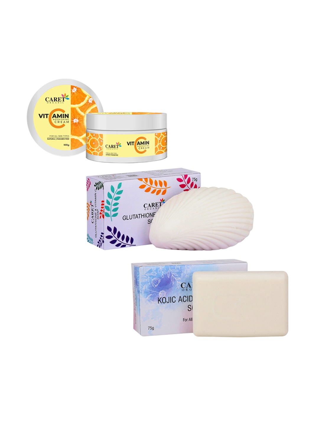 CARET ORGANIC Vitamin C Nourishing Cream & Glutathione Soap & Kojic Acid Soap Combo, White
CARET ORGANIC Vitamin C Nourishing Cream & Glutathione Soap & Kojic Acid Soap Combo, White