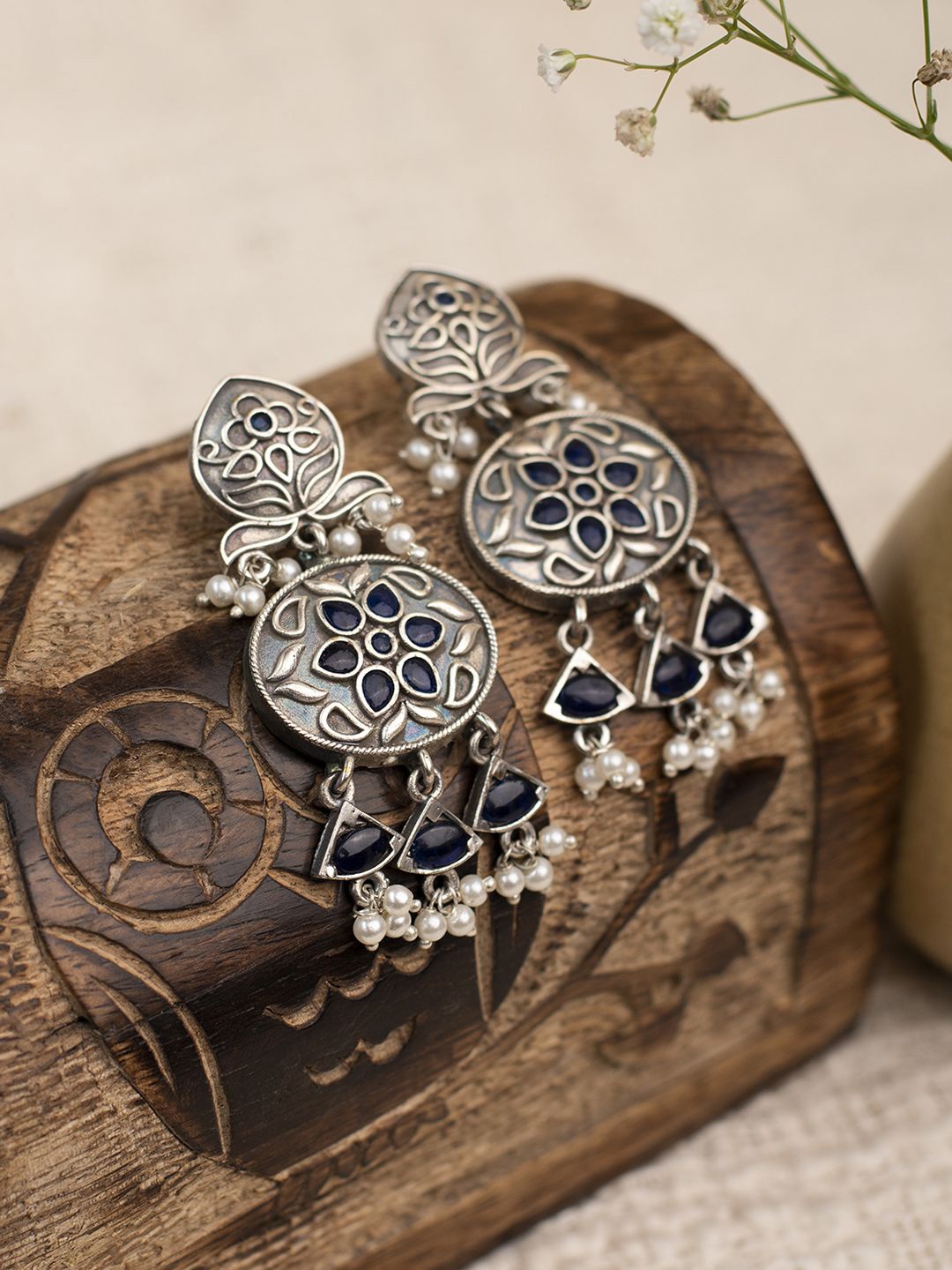 XPNSV Silver Plated Oxidised Stone Studded & Pearls Beaded Floral Drop Earrings
XPNSV Silver Plated Oxidised Stone Studded & Pearls Beaded Floral Drop Earrings