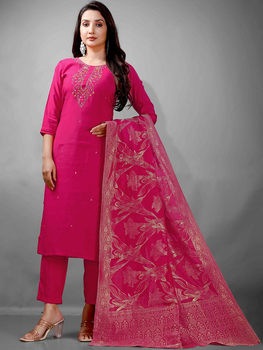 NE STYLE Women Ethnic Motifs Embroidered Regular Mirror Work Kurta with Trousers & Dupatta, Pink
NE STYLE Women Ethnic Motifs Embroidered Regular Mirror Work Kurta with Trousers & Dupatta, Pink