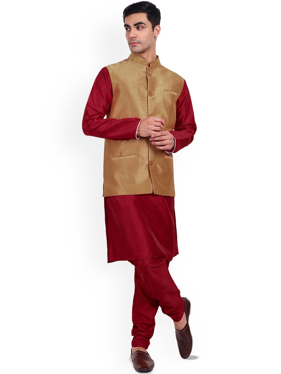 Enciger Men Regular Dupion Silk Kurta Pajama with Churidar & with Nehru Jacket, Brown
Enciger Men Regular Dupion Silk Kurta Pajama with Churidar & with Nehru Jacket, Brown