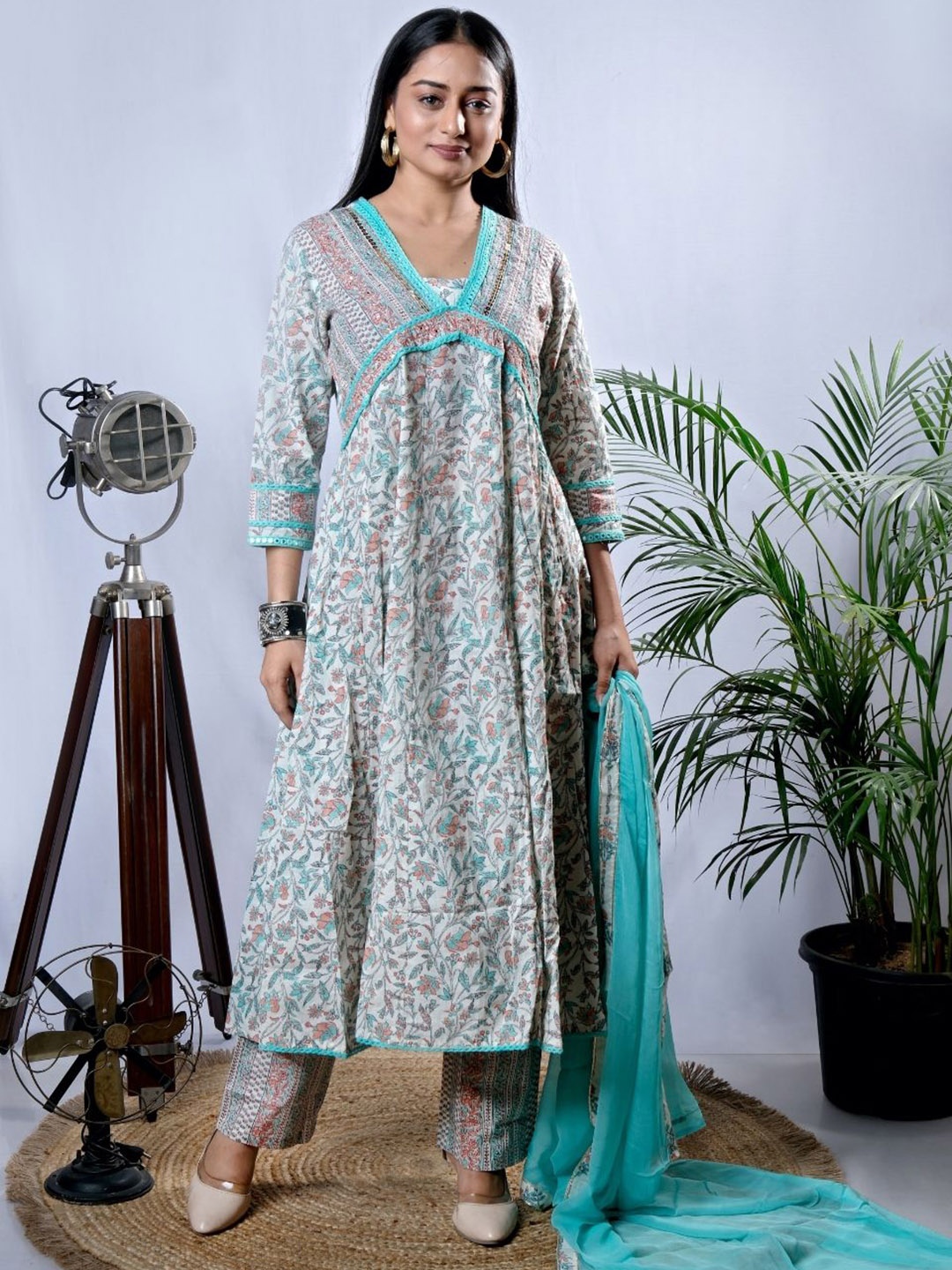 EKISHA Floral Printed Mirror Work V-Neck Pure Cotton Kurta with Trouser & Dupatta, Sea green
EKISHA Floral Printed Mirror Work V-Neck Pure Cotton Kurta with Trouser & Dupatta, Sea green