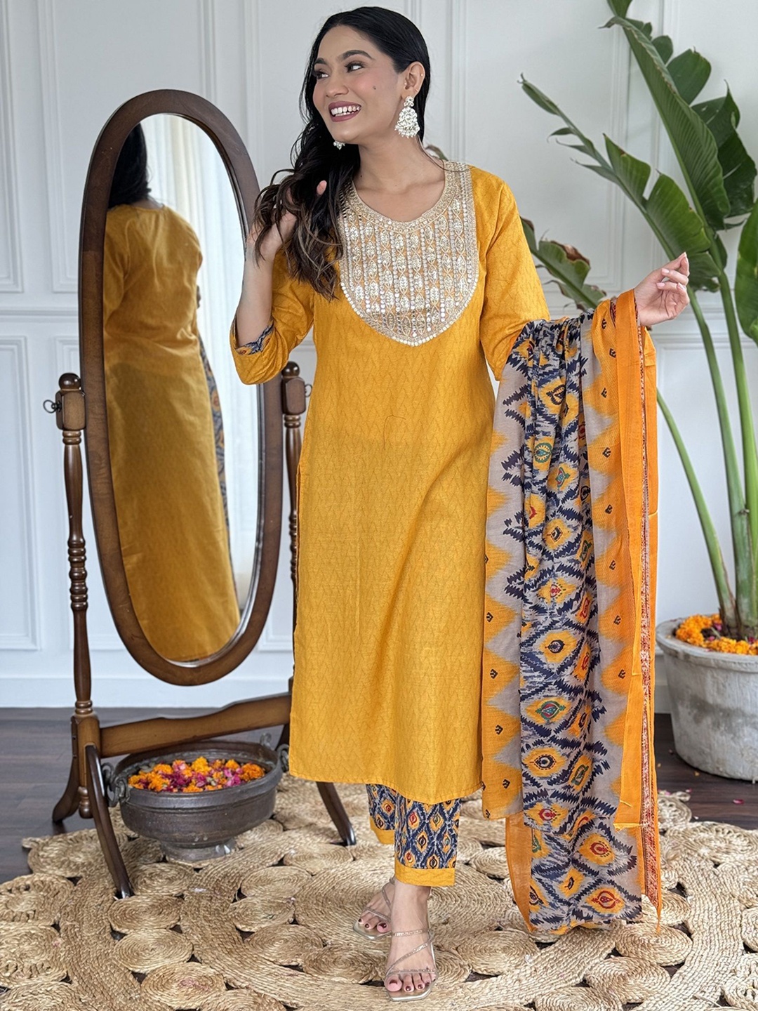 KALINI Ethnic Motifs Printed Regular Thread Work Kurta With Trousers With Dupatta, Mustard
KALINI Ethnic Motifs Printed Regular Thread Work Kurta With Trousers With Dupatta, Mustard