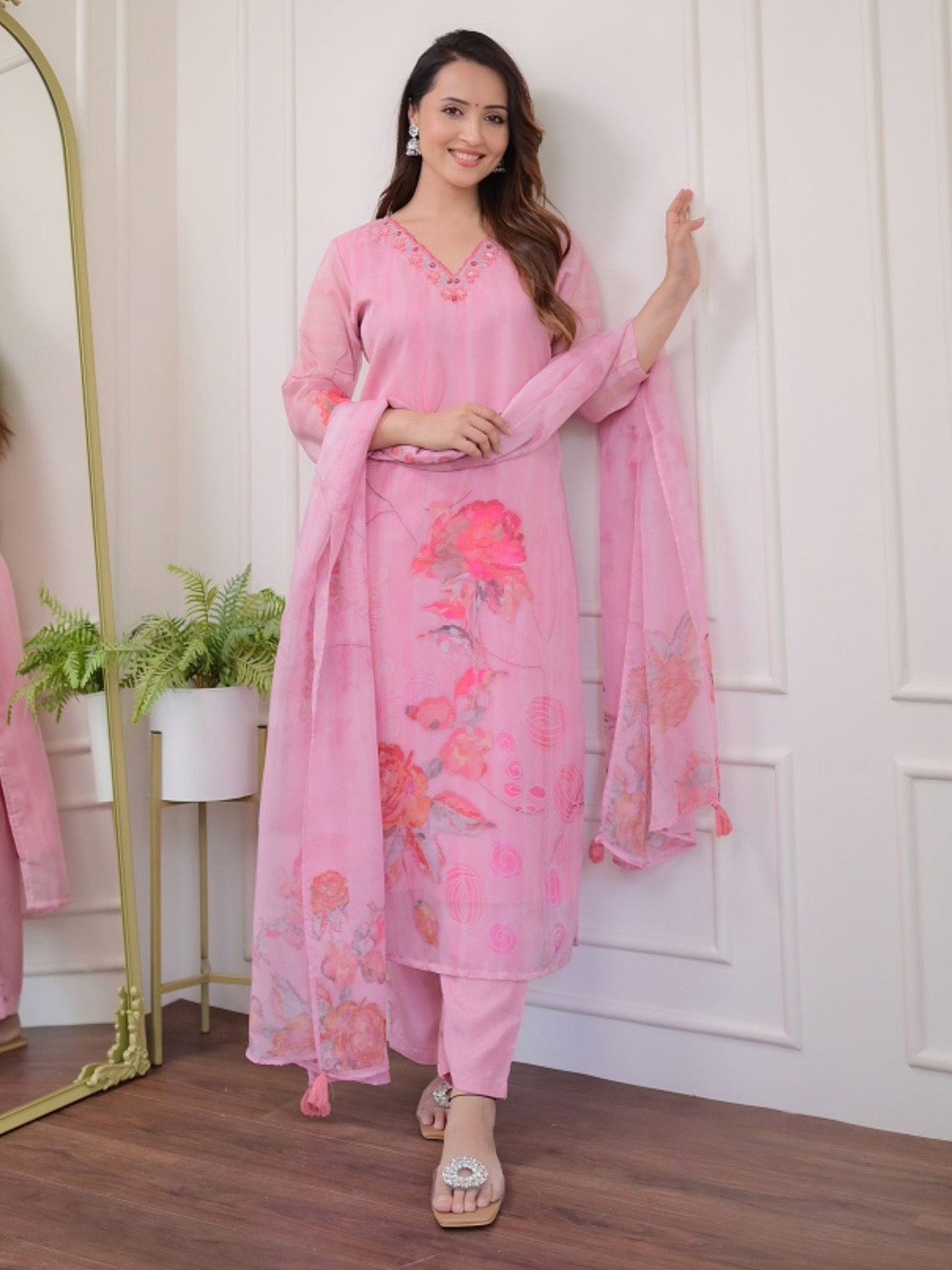 NIZA FASHION Women Floral Printed Thread Work Organza Kurta With Trousers & Dupatta, Pink
NIZA FASHION Women Floral Printed Thread Work Organza Kurta With Trousers & Dupatta, Pink