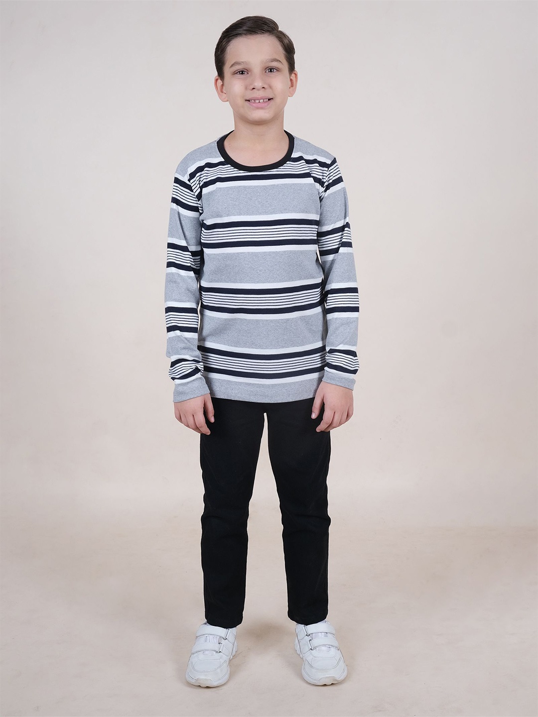 KiddoPanti Boys Striped Pure Cotton T-shirt with Trousers Clothing Set, Grey melange
KiddoPanti Boys Striped Pure Cotton T-shirt with Trousers Clothing Set, Grey melange