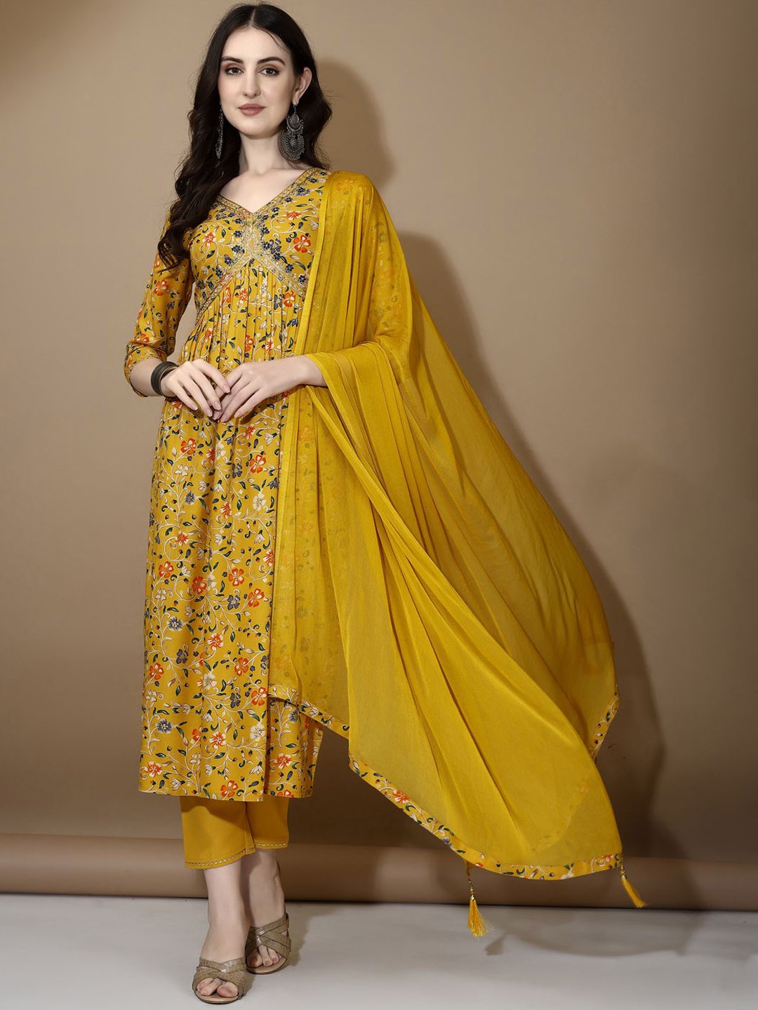 KALINI Women Floral Embroidered Empire Thread Work Kurta with Trousers Dupatta, Mustard
KALINI Women Floral Embroidered Empire Thread Work Kurta with Trousers Dupatta, Mustard