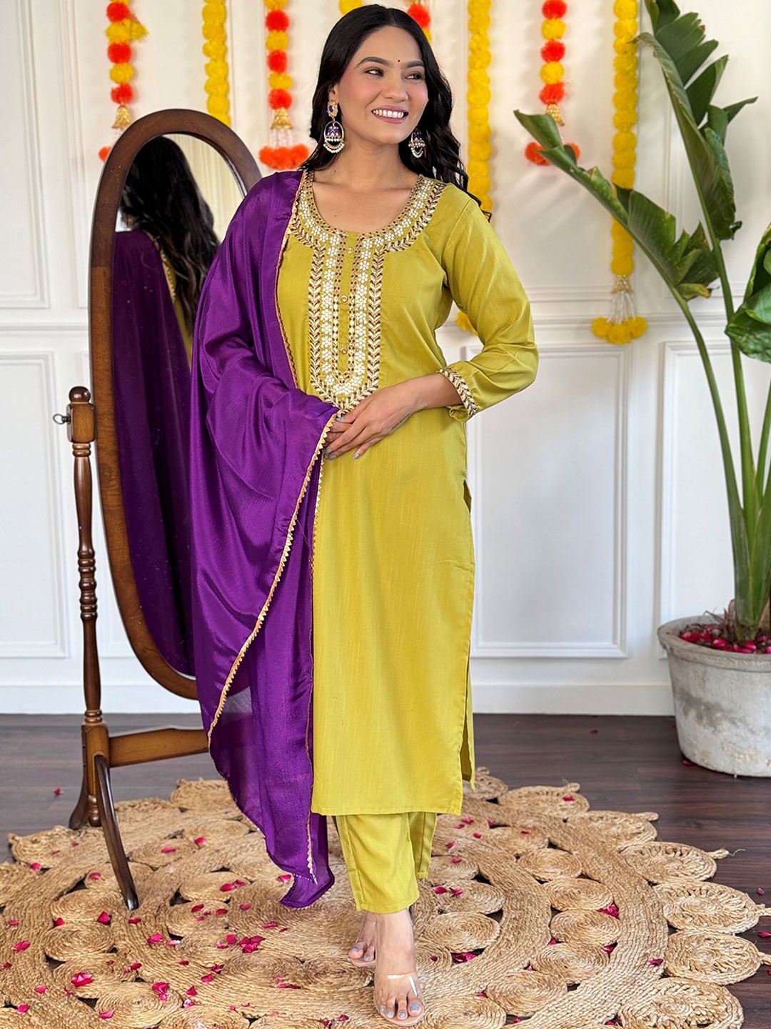 KALINI Flora Embroidered Round Neck Regular Thread Work Kurta With Trousers & Dupatta, Mustard
KALINI Flora Embroidered Round Neck Regular Thread Work Kurta With Trousers & Dupatta, Mustard
