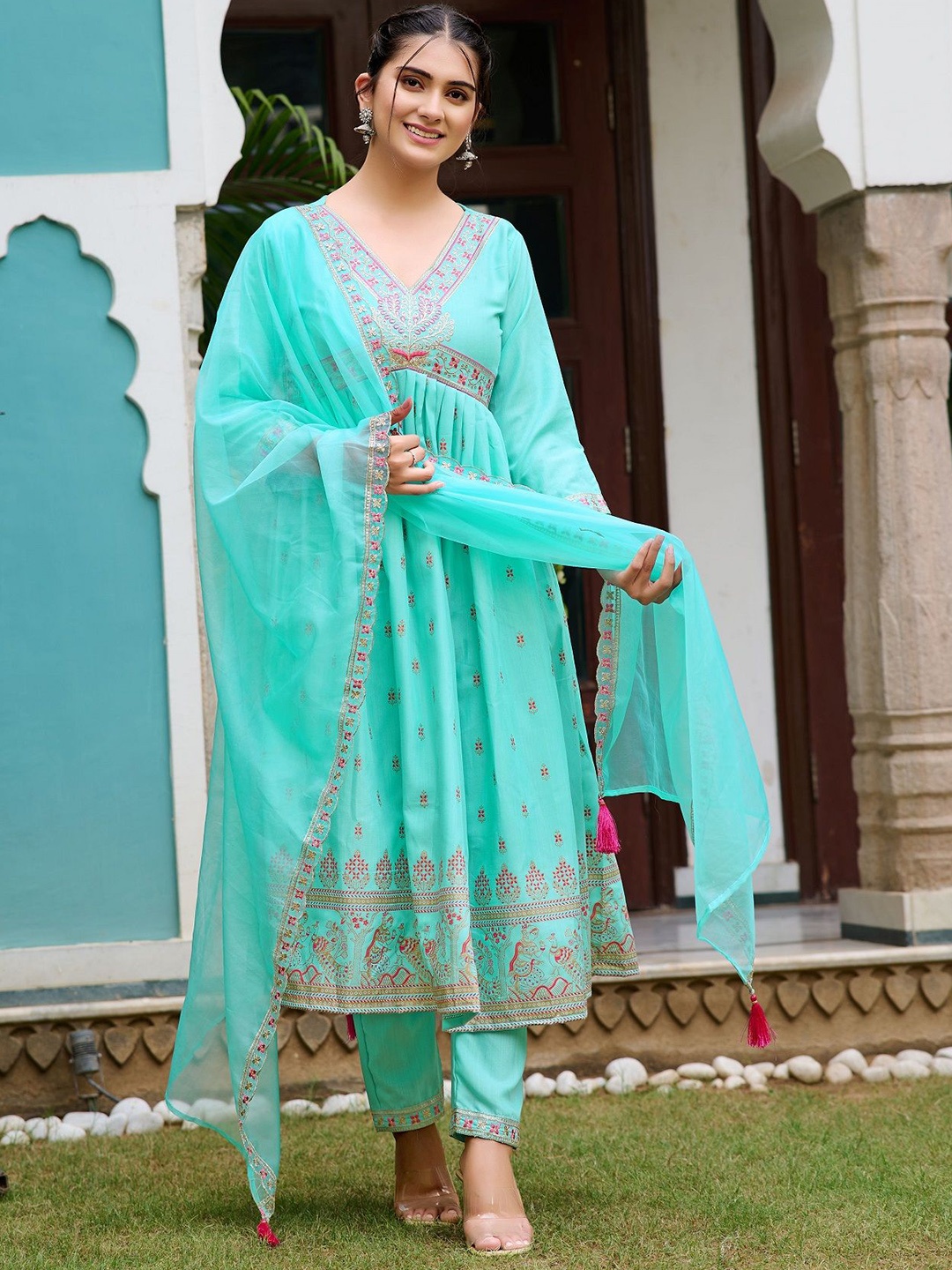 KALINI Women Ethnic Motifs Embroidered Regular Kurta with Trousers Dupatta, Sea green
KALINI Women Ethnic Motifs Embroidered Regular Kurta with Trousers Dupatta, Sea green