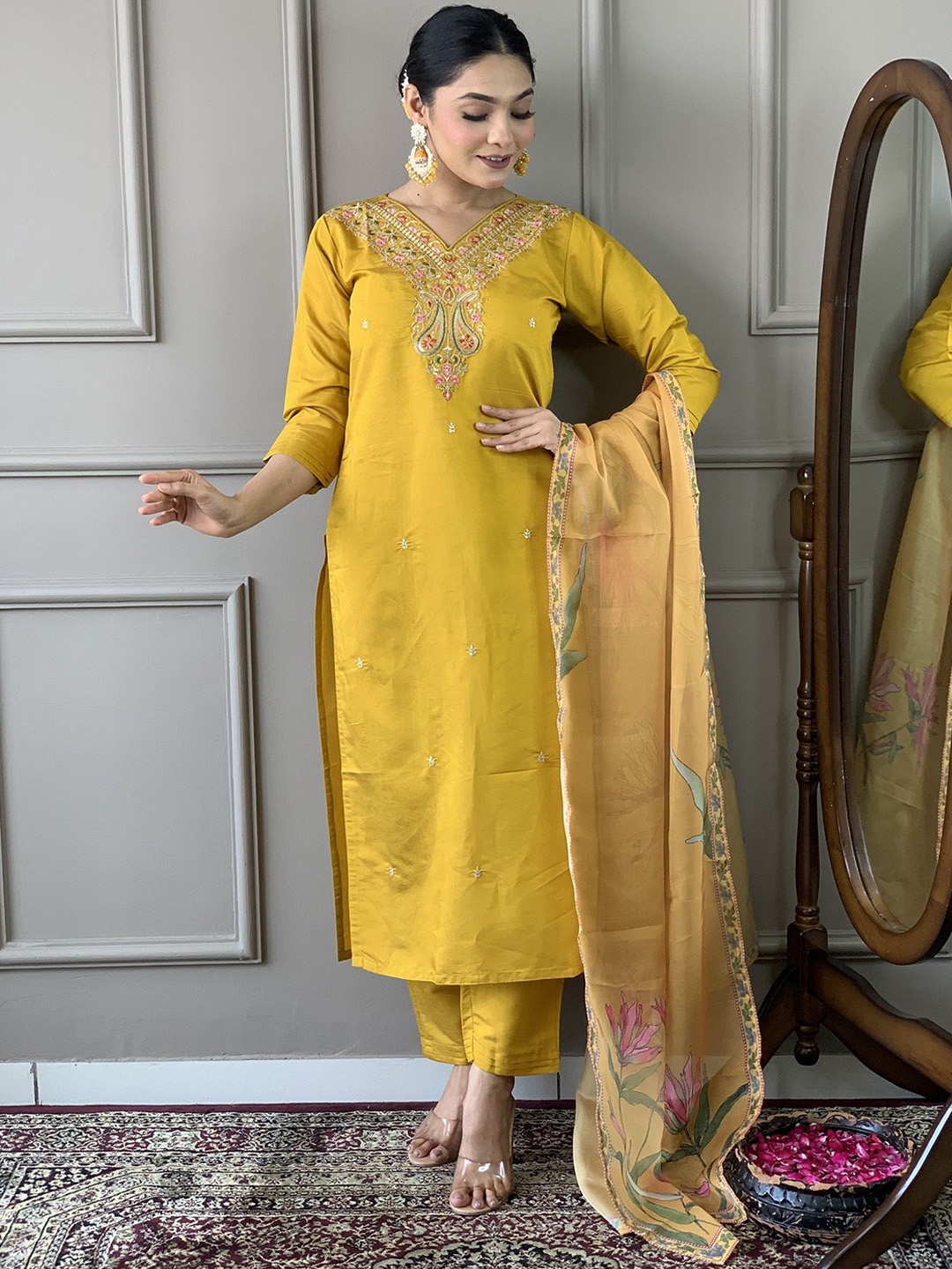 KALINI Women Ethnic Motifs Embroidered Thread Work Kurta with Trousers & With Dupatta, Yellow
KALINI Women Ethnic Motifs Embroidered Thread Work Kurta with Trousers & With Dupatta, Yellow