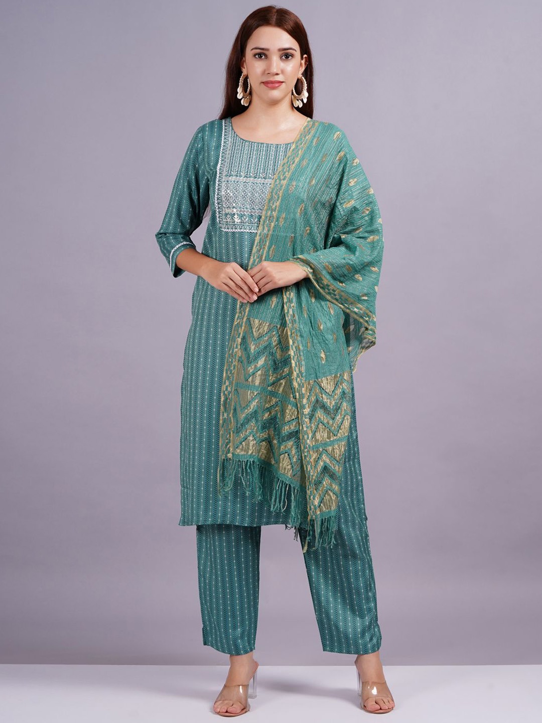 JC4U Striped Printed Sequinned Round Neck Straight Kurta with Trouser & Dupatta, Green
JC4U Striped Printed Sequinned Round Neck Straight Kurta with Trouser & Dupatta, Green