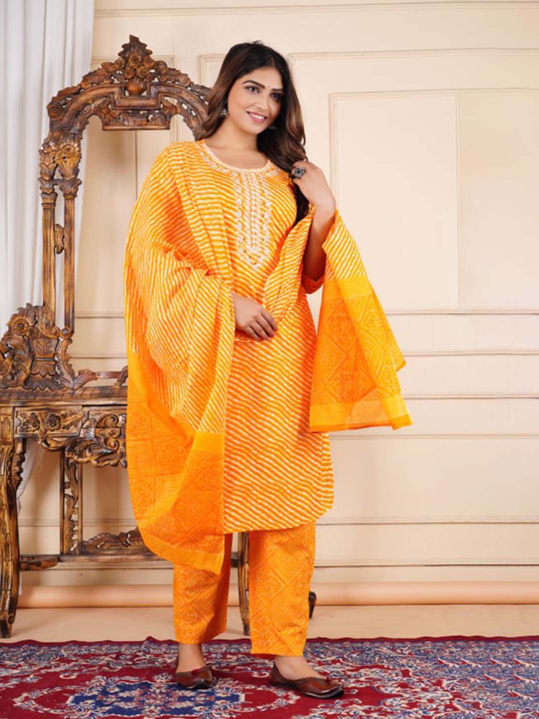 Chandbaali Women Leheriya Printed Regular Pure Cotton Kurta with Patiala & With Dupatta, Yellow
Chandbaali Women Leheriya Printed Regular Pure Cotton Kurta with Patiala & With Dupatta, Yellow