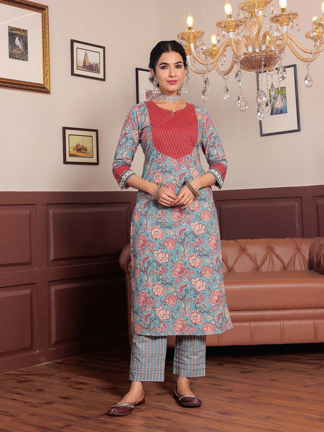 GULAB CHAND TRENDS Floral Printed Regular Pure Cotton Straight Kurta with Trousers, Blue
GULAB CHAND TRENDS Floral Printed Regular Pure Cotton Straight Kurta with Trousers, Blue