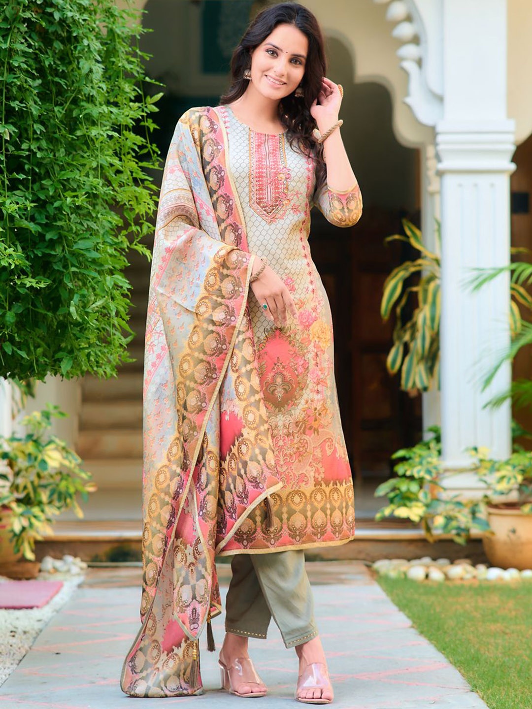 KALINI Floral Printed Beads and Stones Pure Silk Straight Kurta with Trousers & Dupatta, Grey
KALINI Floral Printed Beads and Stones Pure Silk Straight Kurta with Trousers & Dupatta, Grey