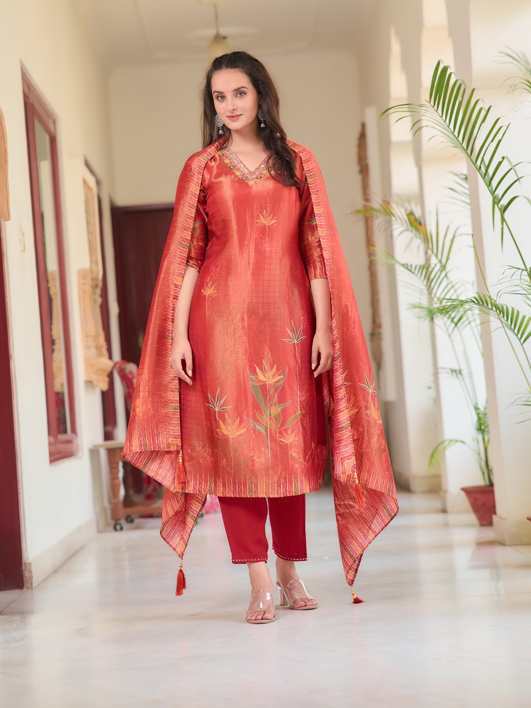 KALINI Floral Printed Beads and Stones Pure Silk Straight Kurta with Trousers & Dupatta, Rust
KALINI Floral Printed Beads and Stones Pure Silk Straight Kurta with Trousers & Dupatta, Rust