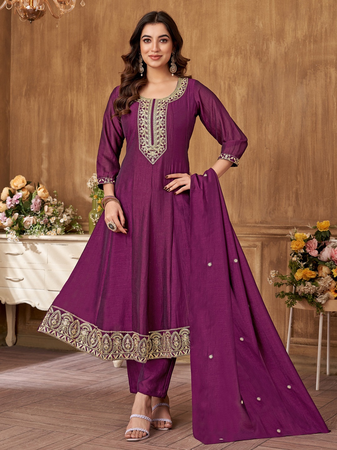 Anaita Floral Zari Embroidered Panelled A-Line Kurta with Trouser & Dupatta, Purple
Anaita Floral Zari Embroidered Panelled A-Line Kurta with Trouser & Dupatta, Purple