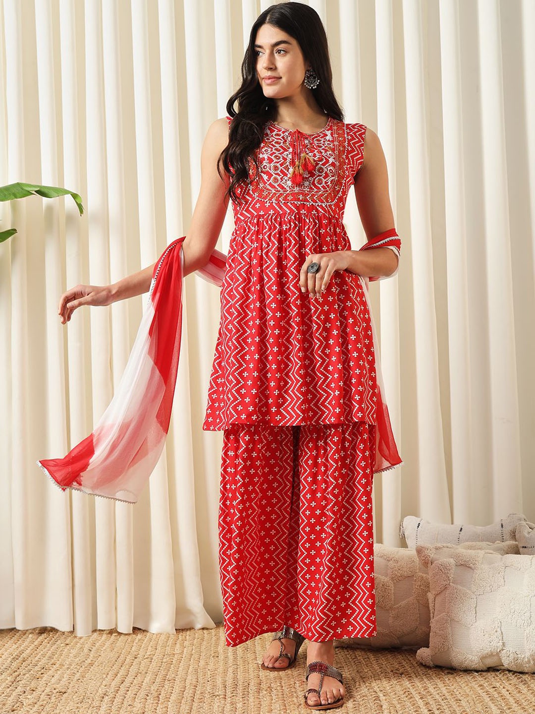 BAESD Chevron Bandhani Printed Thread Work Tie-Up Neck A-Line Kurta with Sharara & Dupatta, Red
BAESD Chevron Bandhani Printed Thread Work Tie-Up Neck A-Line Kurta with Sharara & Dupatta, Red
