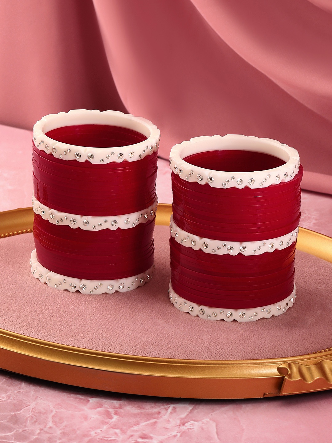 Rubans Set of 54 Bridal Chura Bangles - Red & White with Sparkling Stone Embellishments
Rubans Set of 54 Bridal Chura Bangles - Red & White with Sparkling Stone Embellishments