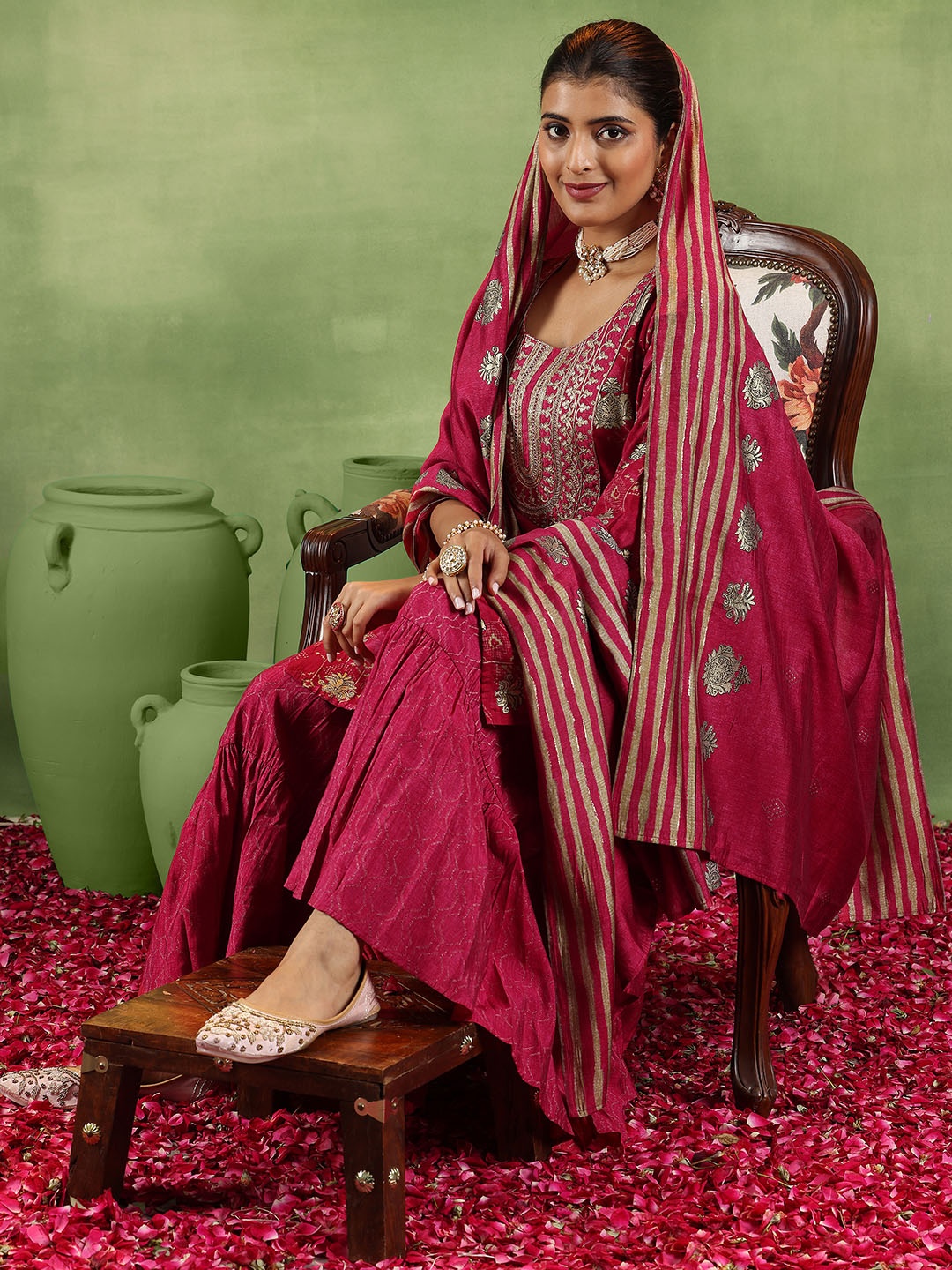 Libas Pink Ethnic Motifs Printed Sequined Straight Kurta With Sharara & Dupatta
Libas Pink Ethnic Motifs Printed Sequined Straight Kurta With Sharara & Dupatta