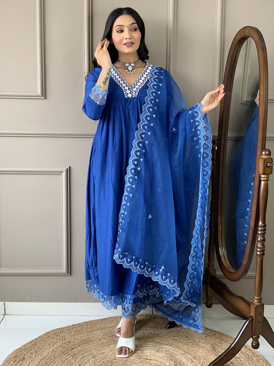 BAESD Ethnic Motifs Embroidered Pleated Mirror Work A-Line Kurta with Trousers & Dupatta, Blue
BAESD Ethnic Motifs Embroidered Pleated Mirror Work A-Line Kurta with Trousers & Dupatta, Blue