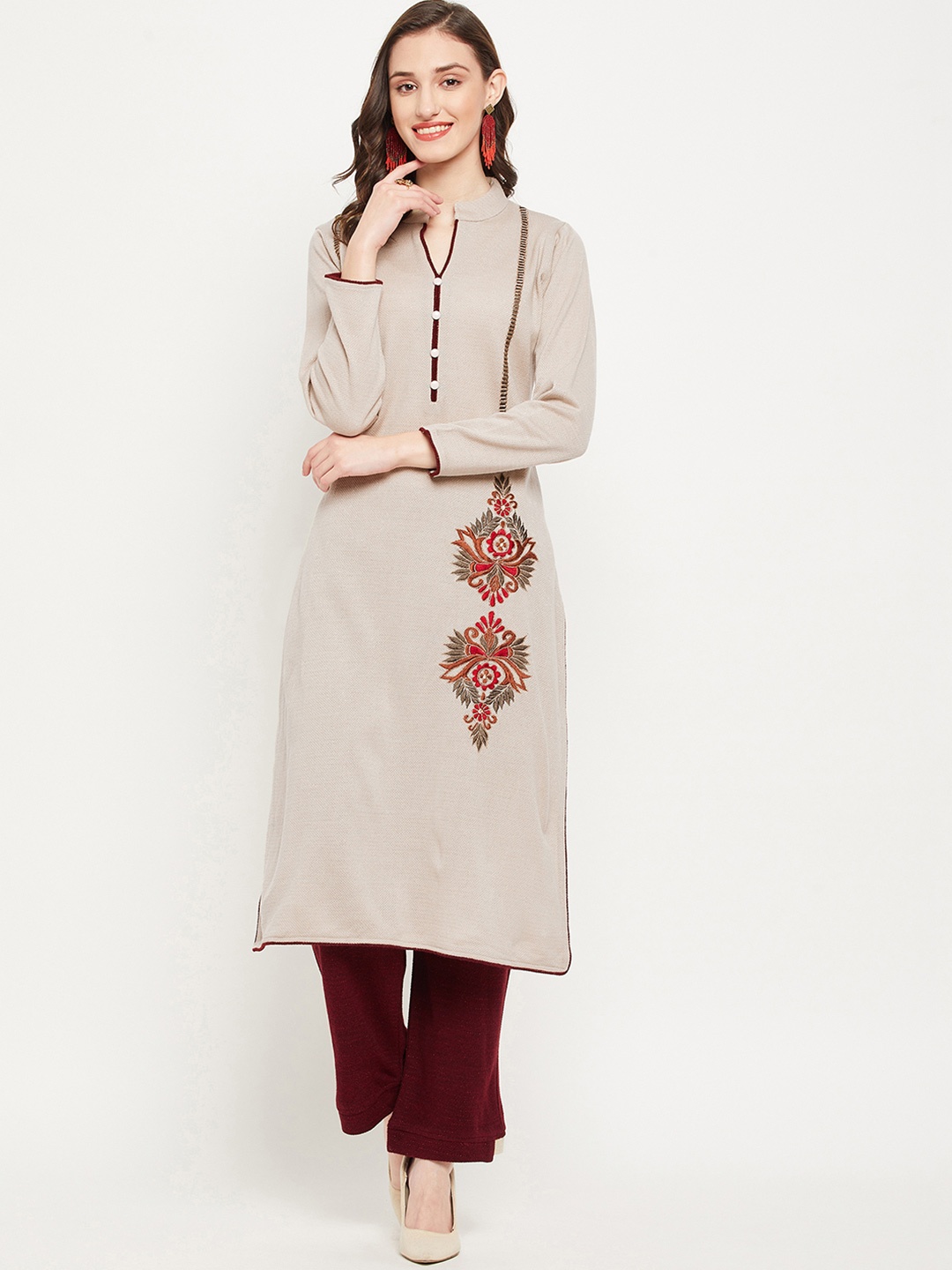 Zigo Winter Wear Ethnic Motifs Embroidered Regular Thread Work Pure Wool Straight Kurta with Palazzos, Beige
Zigo Winter Wear Ethnic Motifs Embroidered Regular Thread Work Pure Wool Straight Kurta with Palazzos, Beige