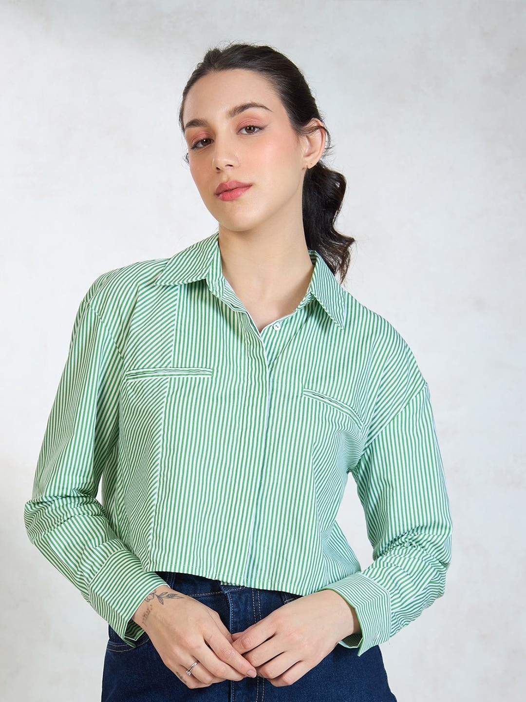 Virgio Women Cotton Shirt Collar Crop Length Stripes Full Sleeve Shirt, Green
Virgio Women Cotton Shirt Collar Crop Length Stripes Full Sleeve Shirt, Green
