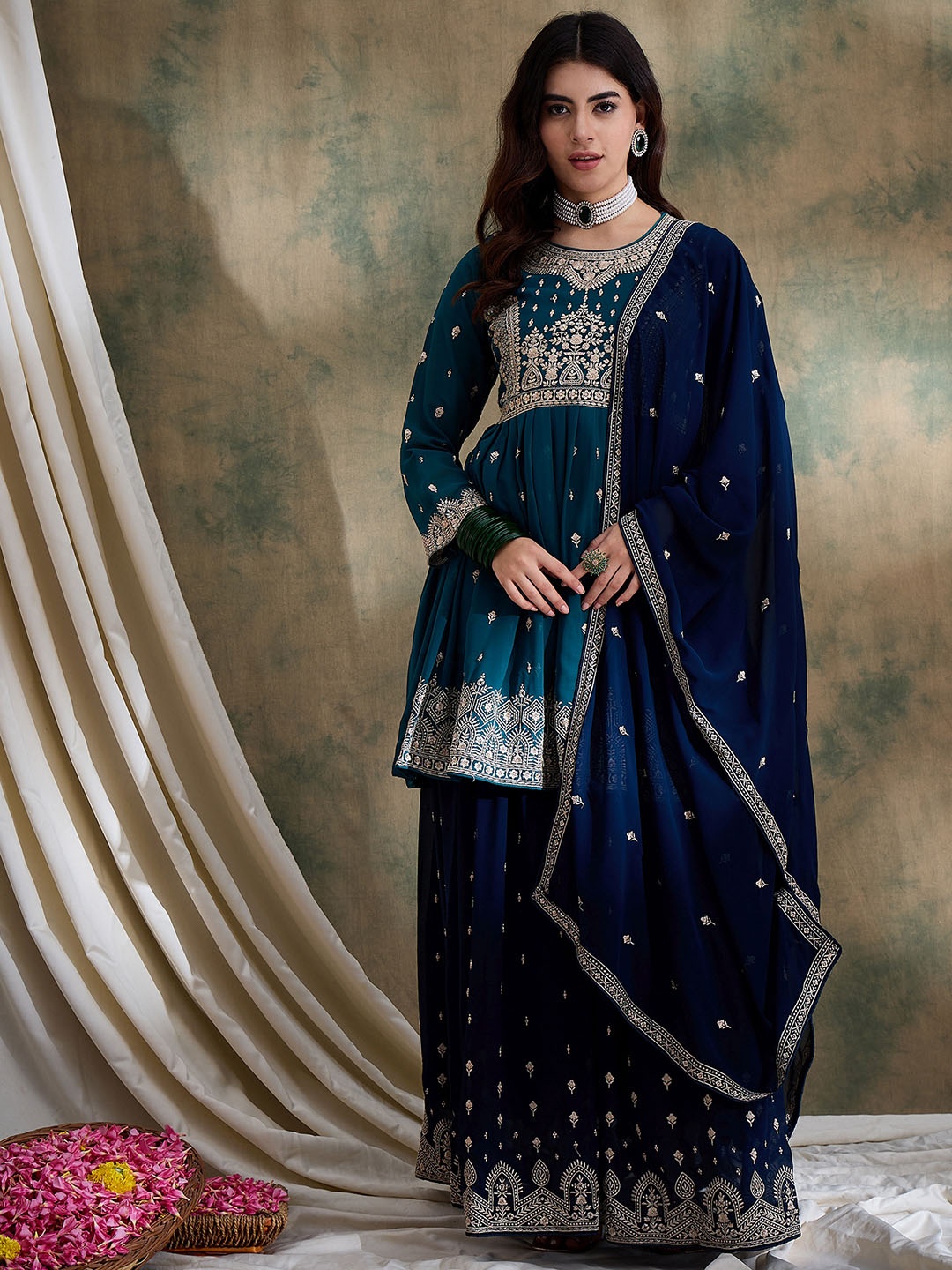 Miss Ethnik Ethnic Motifs Embroidered Thread Work Anarkali Kurta With Sharara & Dupatta, Blue
Miss Ethnik Ethnic Motifs Embroidered Thread Work Anarkali Kurta With Sharara & Dupatta, Blue