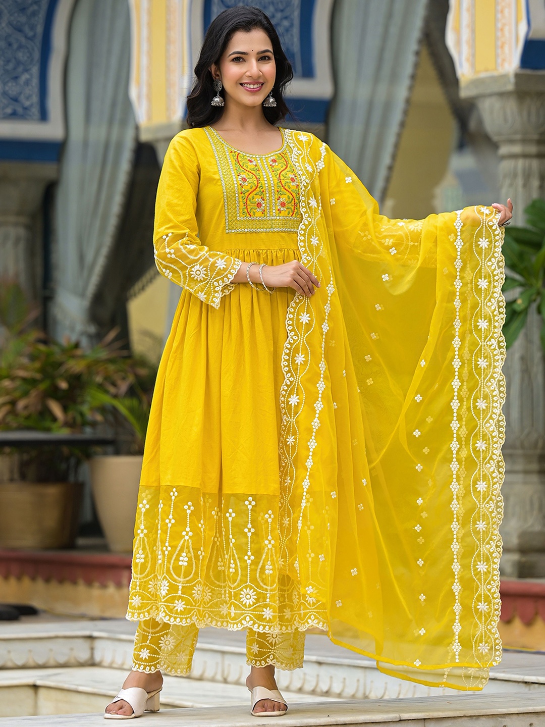 ROOHANIYAT Embroidered Thread Work Pure Cotton Anarkali Kurta with Pyjamas & Dupatta, Yellow
ROOHANIYAT Embroidered Thread Work Pure Cotton Anarkali Kurta with Pyjamas & Dupatta, Yellow