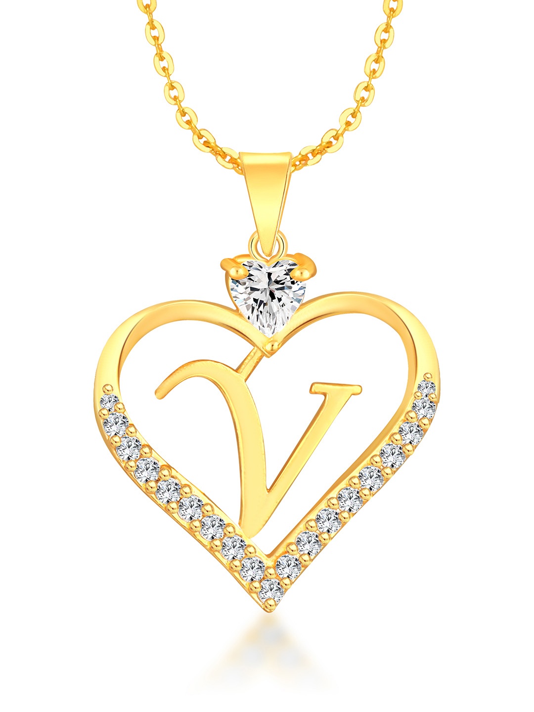 Heer Collection Gold-Plated Stainless Steel CZ V Letter Heart Shaped Pendant With Chain
Heer Collection Gold-Plated Stainless Steel CZ V Letter Heart Shaped Pendant With Chain