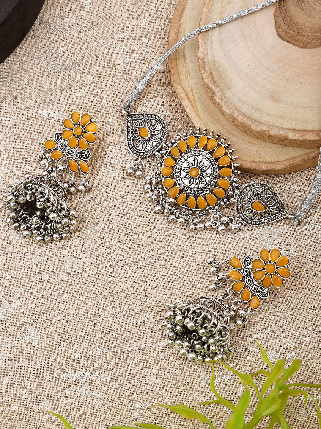 SUNHARI Stone-Studded Oxidised Jewellery Set, Yellow 
SUNHARI Stone-Studded Oxidised Jewellery Set, Yellow