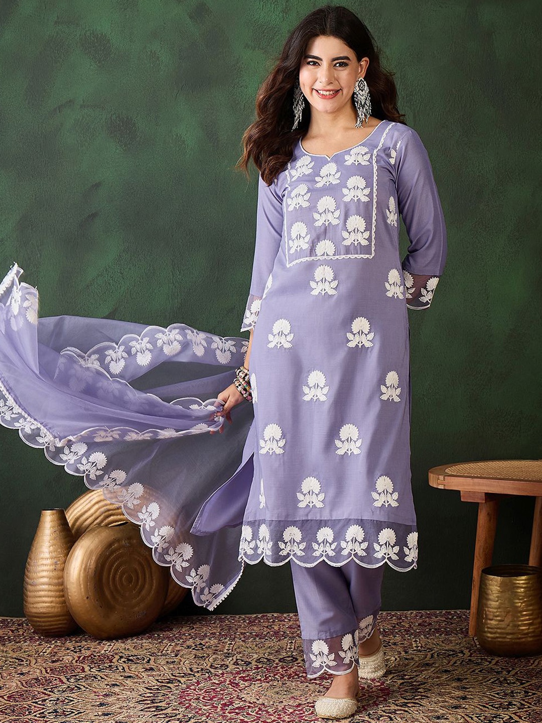Sangria Embroidered Thread Work Notch Neck Straight Kurta & Trousers With Dupatta, Lavender
Sangria Embroidered Thread Work Notch Neck Straight Kurta & Trousers With Dupatta, Lavender