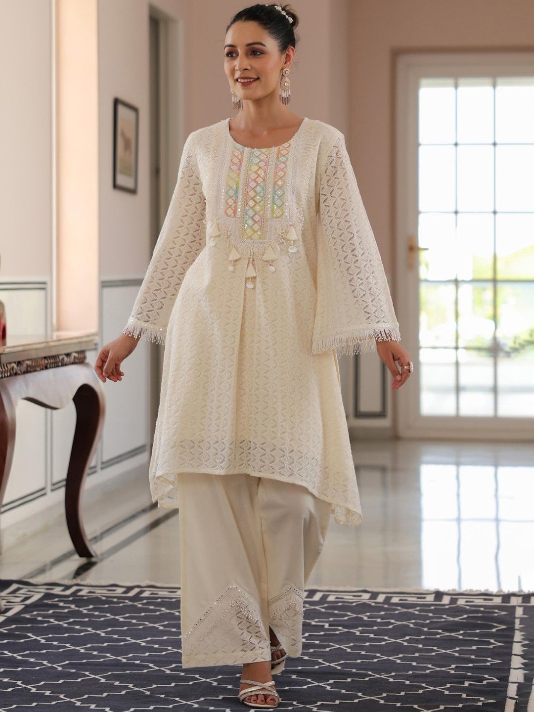 AUTUMN LANE Geometric Self Design Round Neck Pure Cotton Assymetric Top with Palazzos, Off white
AUTUMN LANE Geometric Self Design Round Neck Pure Cotton Assymetric Top with Palazzos, Off white