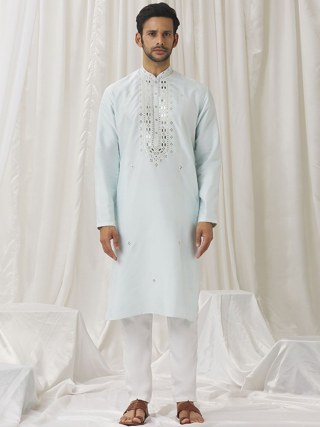 Alaya Advani Geometric Embroidered Mirror Work Silk Cotton Straight Kurta with Trousers, Blue
Alaya Advani Geometric Embroidered Mirror Work Silk Cotton Straight Kurta with Trousers, Blue