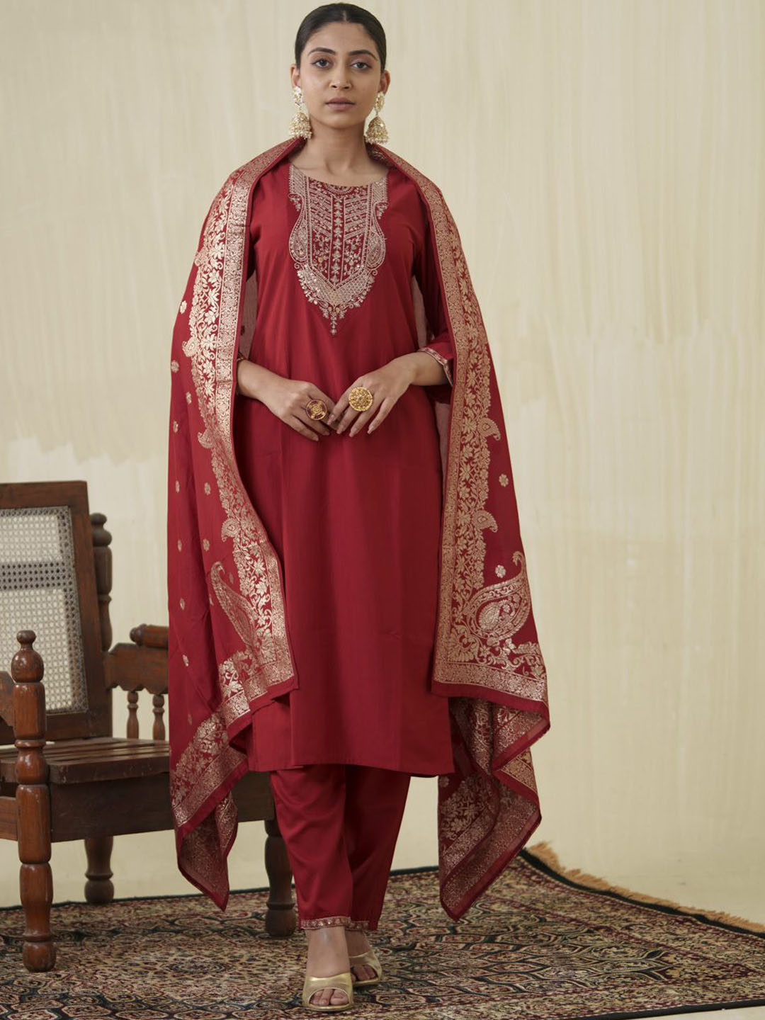 AUTUMN LANE Ethnic Motifs Zari Embroidered Straight Kurta with Trouser & Dupatta, Red
AUTUMN LANE Ethnic Motifs Zari Embroidered Straight Kurta with Trouser & Dupatta, Red