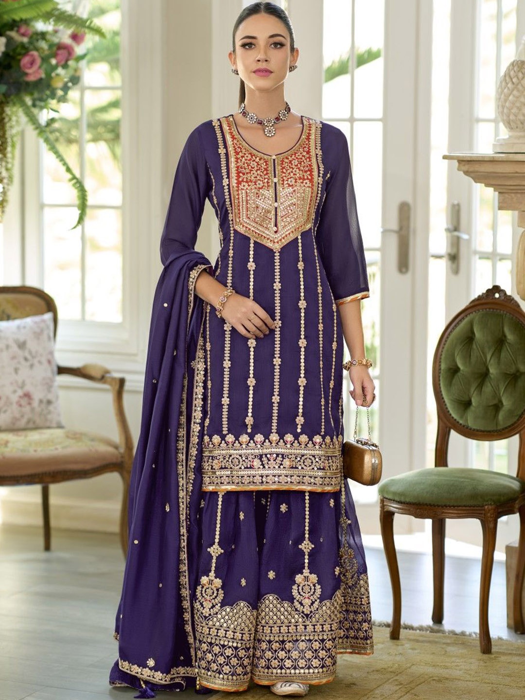 AUTUMN LANE Floral Zari Embroidered Round Neck Cotton Silk Kurta with Sharara and Dupatta, Navy blue
AUTUMN LANE Floral Zari Embroidered Round Neck Cotton Silk Kurta with Sharara and Dupatta, Navy blue